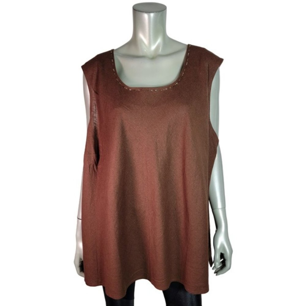 Maggie Barnes Top Plus Size 4X 30/32 Linen Blend Beaded Brown Sleeveless NWT